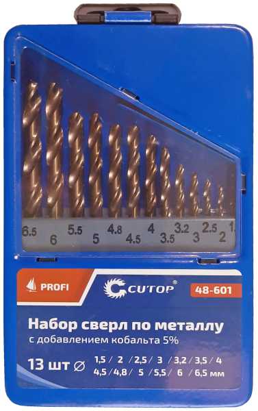 Набор сверл по металлу с кобальтом 5% в металлической коробке, 1.5-6.5 мм (через 0.5мм + 3.2мм, 4.8мм), 13 шт, Cutop Profi от магазина РЭССИ