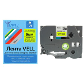 Лента Vell VL-FX621CH (с чипом 9 мм черный на желтом) для Puty PT-100E/100ECH/Brother D200/E110/ D600/E300/2700/ P700/E550/P900 1350649 от магазина РЭССИ