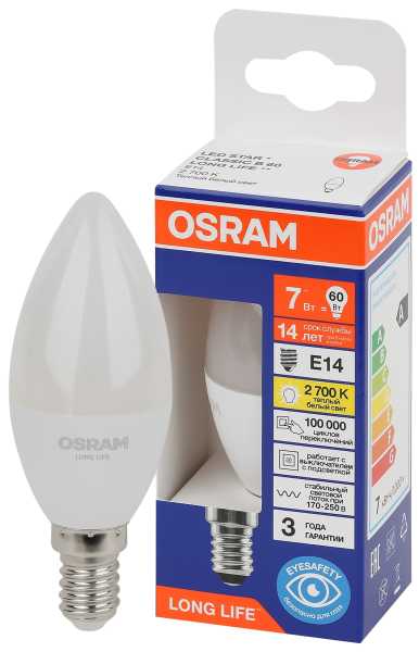 Лампа светодиодная свеча LED 7Вт Е14 2700К 600Лм 170-250В (замена 60Вт) OSRAM от магазина РЭССИ