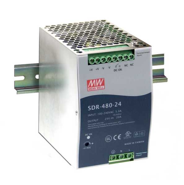 Блок питания AC-DC, 480Вт, вход 90-264V AC, 47-63Гц,127-370В DC, выход 24В,20A, рег. вых 24-28В, в кожухе на DIN-рейку, параллельная работа от магазина РЭССИ