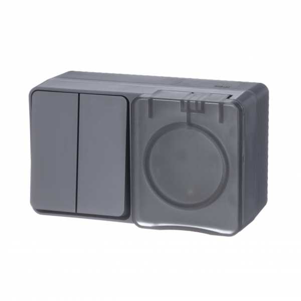 AtlasDesign Profi54 БЛОК: розетка с  заземлением со шторками 16А 250B, выключатель двухклавишный IP54 10А, АНТРАЦИТ, Россия от магазина РЭССИ