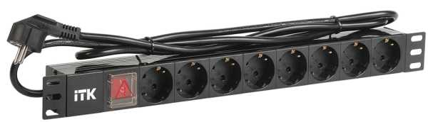 PDU 8 розеток DIN49440 (нем. станд.) с LED выключателем, 1U, шнур 2м вилка DIN49441 (нем. станд.), профиль из ПВХ, черный от магазина РЭССИ