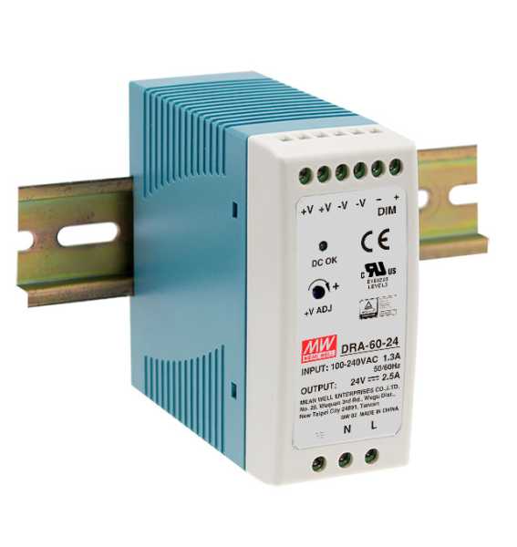 Блок питания AC-DC, 60Вт, на DIN рейку, вход 90-264В AC, 47-63Гц, 127-370В DC, выход 12В,5А, регулировка 12-15В, димминг 3 в 1, в кожухе от магазина РЭССИ