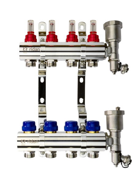 Коллекторная группа FHF-4RF set 4 контура 1'x3/4' с расходомерами, воздухоотводчиками и кронштейнами от магазина РЭССИ
