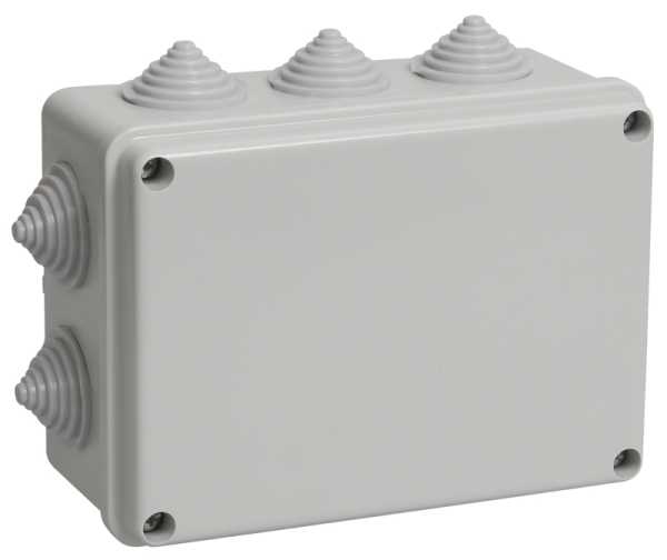 Коробка распаячная КМ41241 для открытой проводки безгалогенная (HF) 150х110х70мм IP44 10 гермовводов серая IEK от магазина РЭССИ