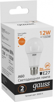 Лампа светодиодная Gauss Elementary 12Вт цок.:E27 груша 220B 3000K св.свеч.бел.теп. A60 (упак.:10шт) (23212) от магазина РЭССИ