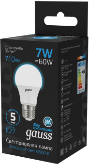 Лампа светодиодная Gauss 102502307 7Вт цок.:E27 груша 220B 6500K св.свеч.бел.хол. (упак.:10шт) от магазина РЭССИ