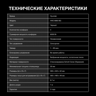 Варочная поверхность Hyundai HHE 6680 BG черный от магазина РЭССИ
