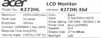 Монитор Acer 27" K272HLEbd черный VA LED 4ms 16:9 DVI глянцевая 3000:1 300cd 178гр/178гр 1920x1080 D-Sub FHD 5.4кг от магазина РЭССИ