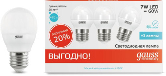 Лампа светодиодная Gauss Elementary 7Вт цок.:E27 шар 220B 4100K св.свеч.бел.ней. (упак.:3шт) (53227T) от магазина РЭССИ