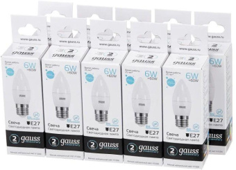Лампа светодиодная Gauss Elementary 6Вт цок.:E27 свеча 220B 4100K св.свеч.бел.ней. C37 (упак.:10шт) (33226) от магазина РЭССИ