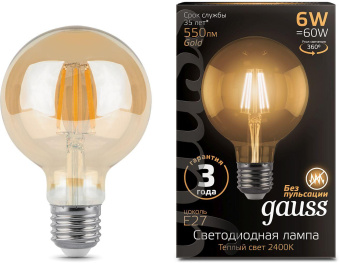 Лампа светодиодная Gauss Filament G95 6Вт цок.:E27 шар 220B 2400K св.свеч.бел.теп. (упак.:1шт) (105802006) от магазина РЭССИ