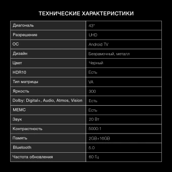 Телевизор LED Hyundai 43" H-LED43BU7009 Android TV Frameless черный/черный 4K Ultra HD 60Hz MEMC DVB-T DVB-T2 DVB-C DVB-S DVB-S2 USB WiFi Smart TV от магазина РЭССИ