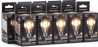 Лампа филам. Gauss 8Вт цок.:E27 шар 220B 2700K св.свеч.бел.теп. A60 (упак.:10шт) (102802108) от магазина РЭССИ