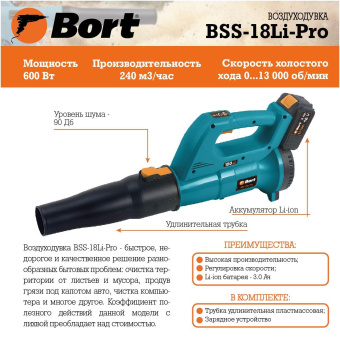 Аккумуляторная воздуходувка BORT BSS-18Li-Pro 93411737 от магазина РЭССИ