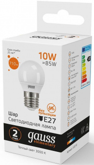 Лампа светодиодная Gauss Elementary 10Вт цок.:E27 шар 220B 3000K св.свеч.бел.теп. (упак.:10шт) (53210) от магазина РЭССИ