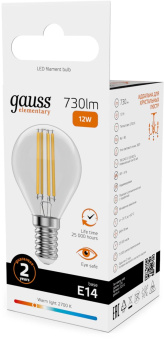 Лампа филам. Gauss Filament 12Вт цок.:E14 шар св.свеч.бел.теп. (упак.:10шт) (52112) от магазина РЭССИ