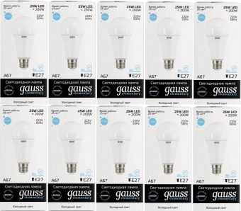 Лампа светодиодная Gauss Elementary 25Вт цок.:E27 груша 220B 6500K св.свеч.бел.хол. A67 (упак.:10шт) (73235) от магазина РЭССИ