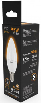 Лампа светодиодная Gauss A60 9.5Вт цок.:E14 свеча 220B 3000K св.свеч.бел.теп. C37 (упак.:10шт) (103101110) от магазина РЭССИ