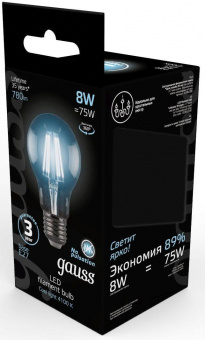 Лампа филам. Gauss 8Вт цок.:E27 шар 220B 4100K св.свеч.бел.ней. A60 (упак.:10шт) (102802208) от магазина РЭССИ