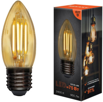 Лампа филам. Rexant 9.5Вт цок.:E27 свеча 220B 2400K св.свеч.бел.нейт. CN (упак.:10шт) (604-100) от магазина РЭССИ