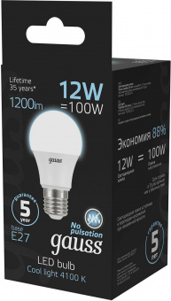 Лампа светодиодная Gauss A60 12Вт цок.:E27 шар 220B 4100K св.свеч.бел.ней. A60 (упак.:10шт) (102502212) от магазина РЭССИ