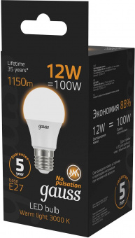 Лампа светодиодная Gauss A60 12Вт цок.:E27 шар 220B 3000K св.свеч.бел.теп. A60 (упак.:10шт) (102502112) от магазина РЭССИ