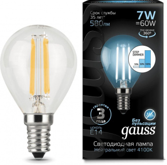 Лампа светодиодная Gauss Filament 7Вт цок.:E14 шар 220B 4100K св.свеч.бел.ней. P45 (упак.:1шт) (105801207) от магазина РЭССИ