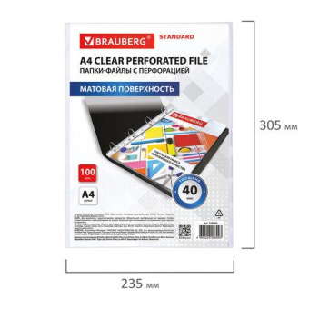 Перфорированные матовые папки-файлы BRAUBERG STANDARD А4 комплект 100 шт 40 мкм 229660 от магазина РЭССИ