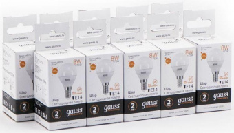 Лампа светодиодная Gauss Elementary 8Вт цок.:E14 шар 220B 3000K св.свеч.бел.теп. P45 (упак.:10шт) (53118) от магазина РЭССИ