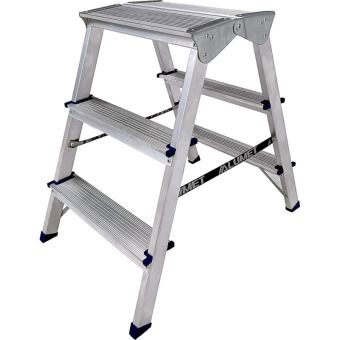 Двухсторонняя алюминиевая стремянка Алюмет c широкой верхней ступенью 260 мм 2х3 ступеней. Серия 3ст. ADK6203 от магазина РЭССИ