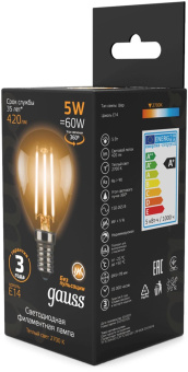 Лампа филам. Gauss Filament 5Вт цок.:E14 свеча 220B св.свеч.бел.теп. (упак.:10шт) (105801105) от магазина РЭССИ