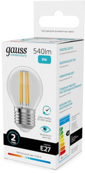 Лампа филам. Gauss Filament 8Вт цок.:E27 шар св.свеч.бел.нейт. (упак.:10шт) (52228) от магазина РЭССИ