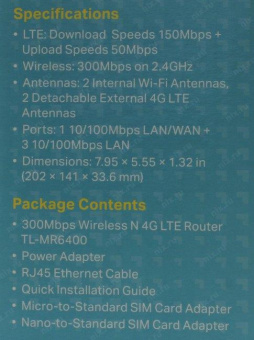 Роутер беспроводной TP-Link TL-MR6400 N300 10/100BASE-TX/4G cat.4 черный от магазина РЭССИ