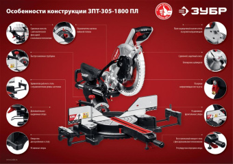 Торцовочная пила Зубр ЗПТ-305-1800 ПЛ 1800Вт 5000об/мин d=305мм от магазина РЭССИ