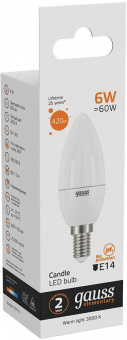 Лампа светодиодная Gauss Elementary 6Вт цок.:E14 свеча 220B 3000K св.свеч.бел.теп. C37 (упак.:10шт) (33116) от магазина РЭССИ