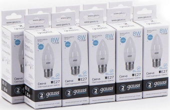 Лампа светодиодная Gauss Elementary 8Вт цок.:E27 свеча 220B 4100K св.свеч.бел.ней. C37 (упак.:10шт) (33228) от магазина РЭССИ