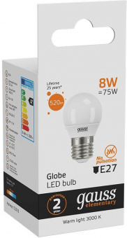 Лампа светодиодная Gauss Elementary 8Вт цок.:E27 шар 220B 3000K св.свеч.бел.теп. (упак.:10шт) (53218) от магазина РЭССИ