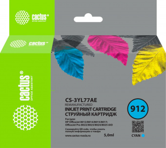 Картридж струйный Cactus CS-3YL77AE 912 голубой (5мл) для HP OfficeJet 8010/8012/8013/8014/8015/8020/8025 от магазина РЭССИ