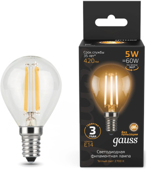 Лампа филам. Gauss Filament 5Вт цок.:E14 свеча 220B св.свеч.бел.теп. (упак.:10шт) (105801105) от магазина РЭССИ