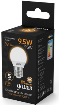 Лампа светодиодная Gauss 9.5Вт цок.:E27 шар 220B 3000K св.свеч.бел.теп. P45 (упак.:1шт) (105102110) от магазина РЭССИ