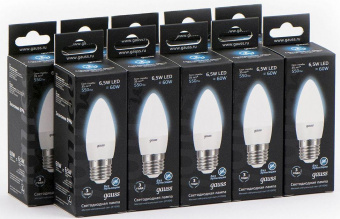 Лампа светодиодная Gauss 6.5Вт цок.:E27 свеча 220B 4100K св.свеч.бел.ней. (упак.:10шт) (103102207) от магазина РЭССИ