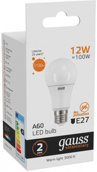 Лампа светодиодная Gauss Elementary 12Вт цок.:E27 груша 220B 3000K св.свеч.бел.теп. A60 (упак.:10шт) (23212) от магазина РЭССИ