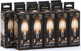 Лампа филам. Gauss 9Вт цок.:E14 свеча 220B 2700K св.свеч.бел.теп. C37 (упак.:10шт) (103801109) от магазина РЭССИ