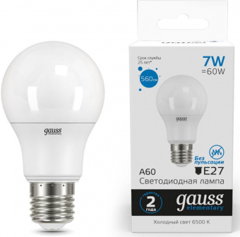 Лампа светодиодная Gauss Elementary 7Вт цок.:E27 груша 220B 6500K св.свеч.бел.хол. A60 (упак.:10шт) (23237A) от магазина РЭССИ