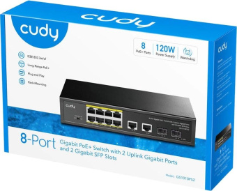Коммутатор Cudy GS1010PS2 (L2) 10x1Гбит/с 2xКомбо(1000BASE-T/SFP) 2SFP 8PoE 120W неуправляемый от магазина РЭССИ
