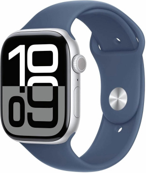 Смарт-часы Apple Watch Series 10 A2999 46мм 2.1" OLED корп.серебристый Sport Band рем.синий разм.брасл.:160-210мм (MWWM3LW/A) от магазина РЭССИ