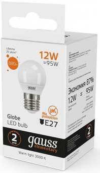 Лампа светодиодная Gauss Elementary 12Вт цок.:E27 шар 220B 3000K св.свеч.бел.теп. (упак.:10шт) (53212) от магазина РЭССИ