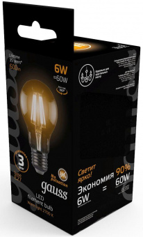 Лампа филам. Gauss 6Вт цок.:E27 шар 220B 2700K св.свеч.бел.теп. A60 (упак.:10шт) (102802106) от магазина РЭССИ