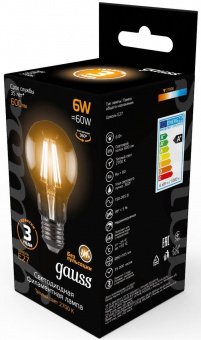 Лампа филам. Gauss 6Вт цок.:E27 шар 220B 2700K св.свеч.бел.теп. A60 (упак.:10шт) (102802106) от магазина РЭССИ